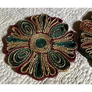2 Vintage Woven Straw Trivet Hot Pads Rattan Wicker Raffia Boho Retro Decor 7"